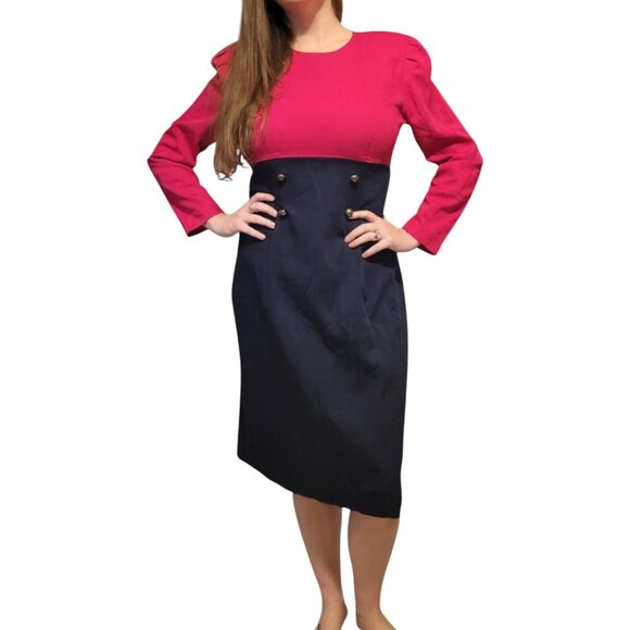 Danny & Nicole Dresses & Skirts - Vintage 80s Danny And Nicole Tuxedo Dress Buttons Pink Navy Blue Sz 14 Mod Large